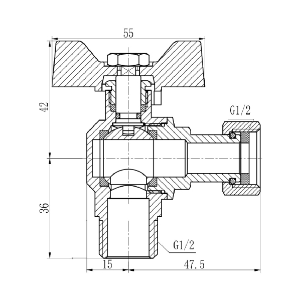 Кран кульовий Thermo Alliance Forte для води кутовий з накидною гайкою 1/2" ВЗ SF224W15