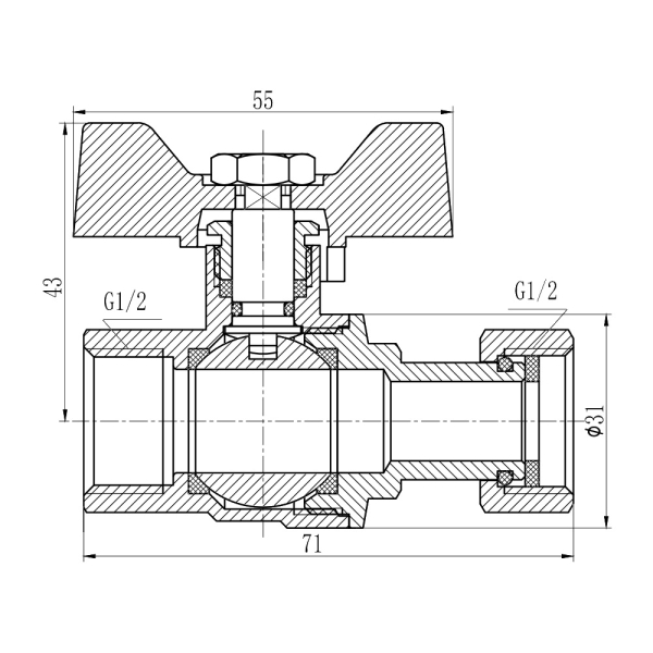 Кран кульовий з накидною гайкою SD Forte 1/2" х  ВР для води прямий SF260W15
