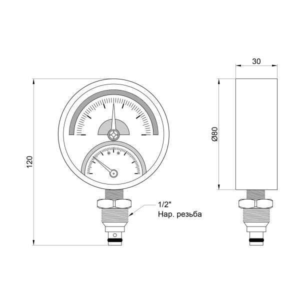 Термоманометр Thermo Alliance Standart нижнього підключення 1/2"З 80мм 120°C 10 бар SD17210B
