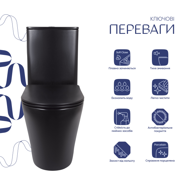 Унітаз підлоговий Scorpio Ultra Quiet 660x360x855 мм, Matt Black, з сидінням Slim Duroplast/ Soft-close/ Quick Release QT14226088AMB Qtap