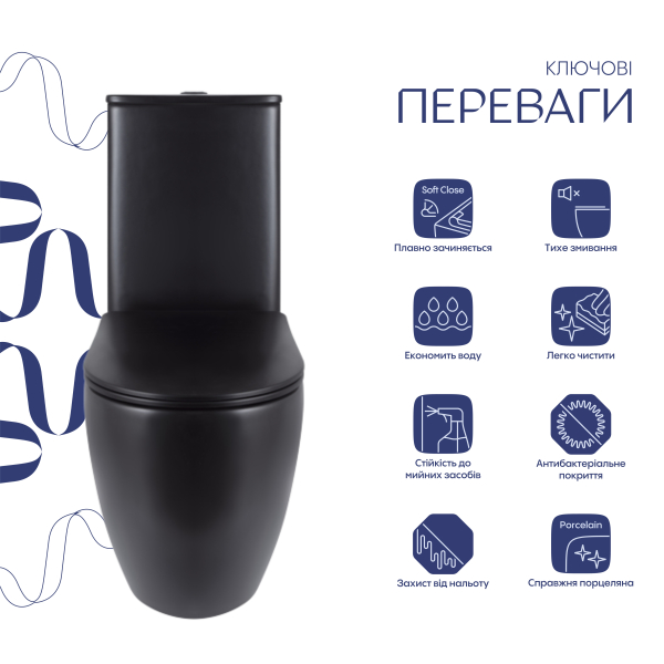 Унітаз підлоговий Robin Ultra Quiet 660x360x855 мм, Matt Black, з сидінням Slim Duroplast/ Soft-close/ Quick Release QT13226083AMB Qtap