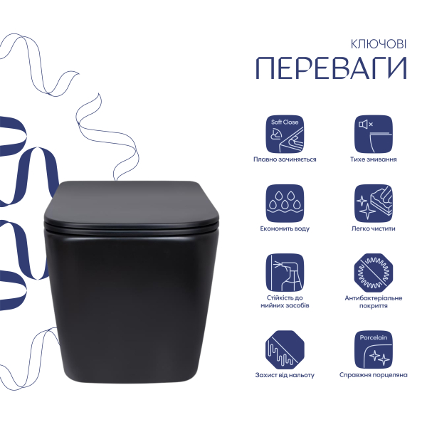 Унітаз підвісний Tern New Ultra Quiet 490x365x325 мм, Matt Black, з сидінням Slim Duroplast/ Soft-close/ Quick Release QT17332303ASMB Qtap