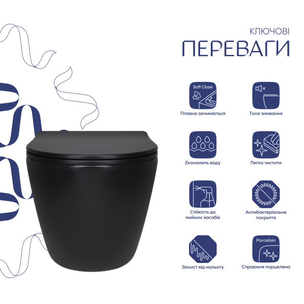 Унітаз підвісний Robin New Ultra Quiet 490x365x325 мм, Matt Black, з сидінням Slim Duroplast/ Soft-close/ Quick Release QT13332381АSMB Qtap