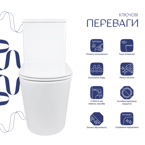 Унітаз-моноблок підлоговий Kolibri Ultra Quiet 690x360x790 мм, White, з сидінням Slim Duroplast/ Soft-close/ Quick Release QT10226380W Qtap