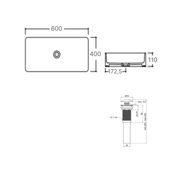 Комплект Qtap Tern: Раковина накладна прамокутна 600x400x110 мм WHITE + Донний клапан PU02