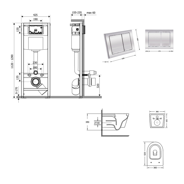 Готове рішення Qtap для ванної кімнати: підвісний унітаз Swan Ultra Quiet 520x360x320 + комплект інсталяції Nest 4 в 1 (кругла клавіша Satin)