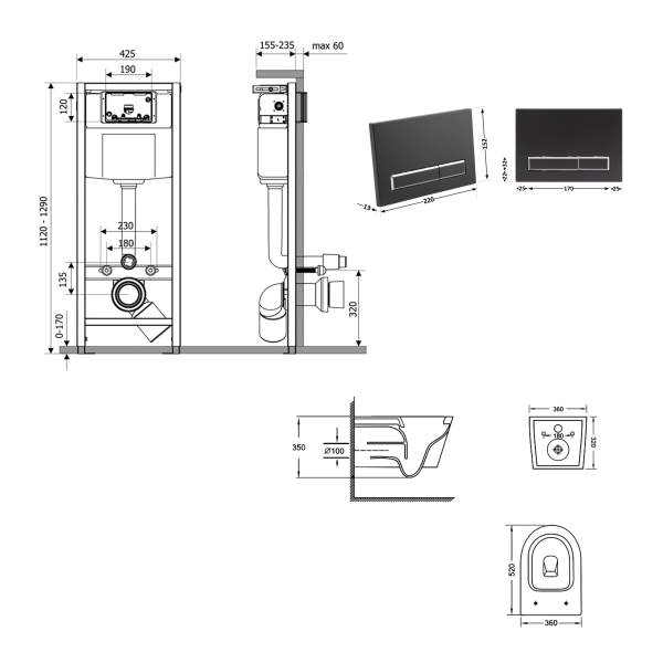 Готове рішення Qtap для ванної кімнати: підвісний унітаз Jay Ultra Quiet 520x360x320 + комплект інсталяції Nest 4 в 1 (лінійна клавіша Black mat)