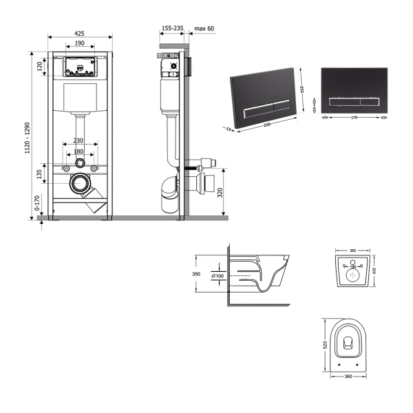 Готове рішення Qtap для ванної кімнати: підвісний унітаз Swan Ultra Quiet 520x360x320 + комплект інсталяції Nest 4 в 1 (лінійна клавіша Black mat)