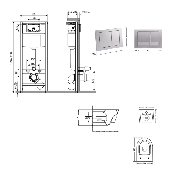 Готове рішення Qtap для ванної кімнати: підвісний унітаз Jay Ultra Quiet 520x360x320 + комплект інсталяції Nest 4 в 1 (квадратна клавіша Satin)